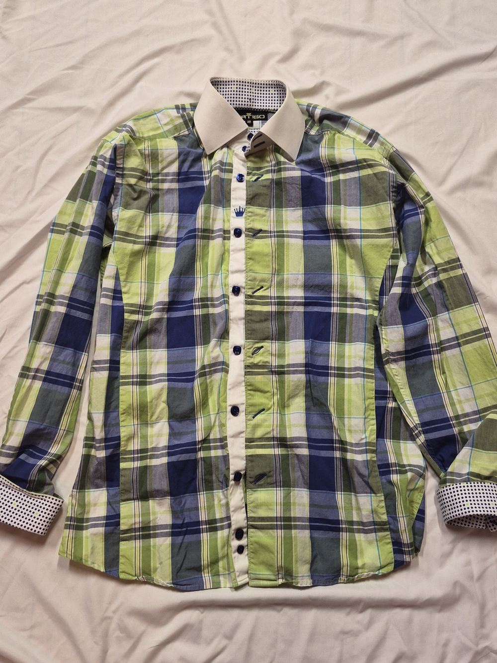 100% Cotton Men's Plaid Button-Down Shirt in Green and Blue Size Sm